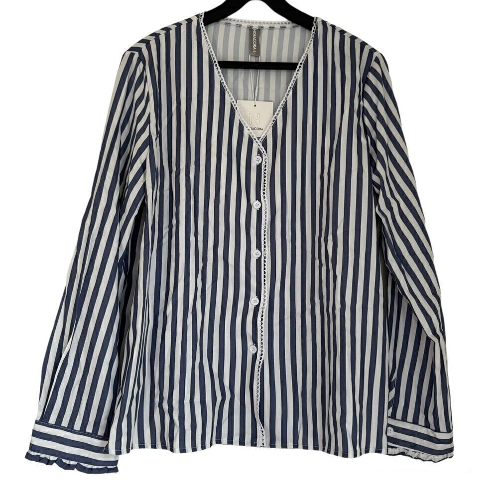 NORACORA Blue/White Stripe Button Front Shirt Blouse Size Large